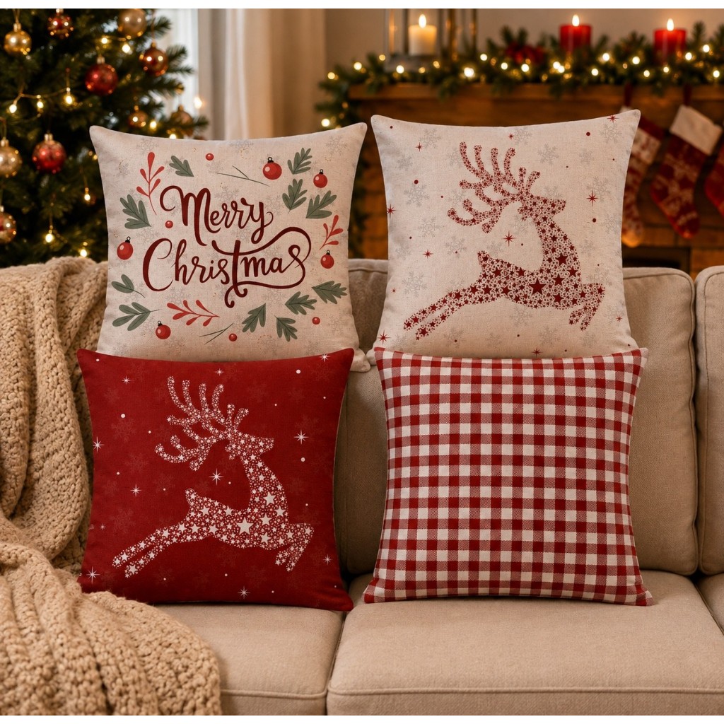 Kit c/ 4 Capas De Almofadas Decorativas Natal 42x42 - Natal Merry Chrystimas
