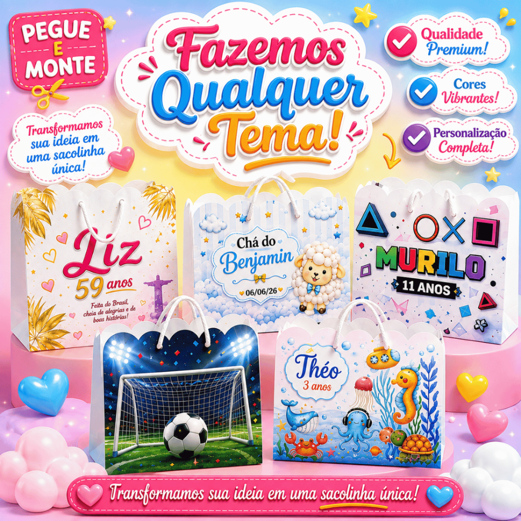Kit 10 Sacolinhas Personalizadas Pegue e Monte 20x16x7cm – Lembrancinha para Festa