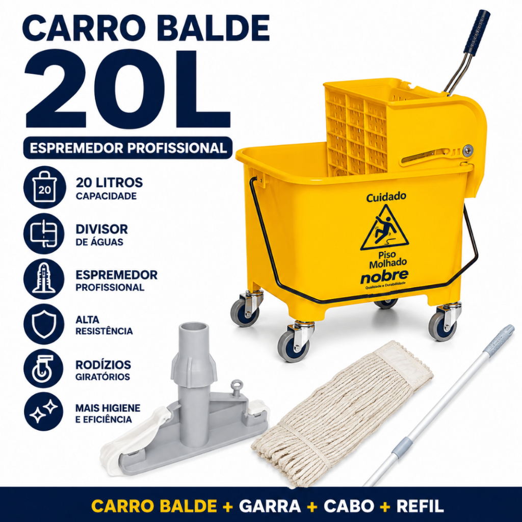 Balde Carrinho De Limpeza Espremedor 20l Doblô Com Cabo Extensor Refil Esfregão Nobre