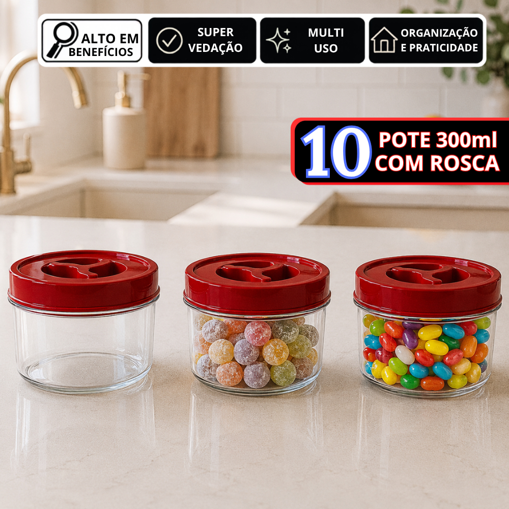 Jogo 10 Potes Redondo 300ml Tampa Vinho com Rosca BPA FREE Potinho Transparente Tempero Doce Papinha Bebê