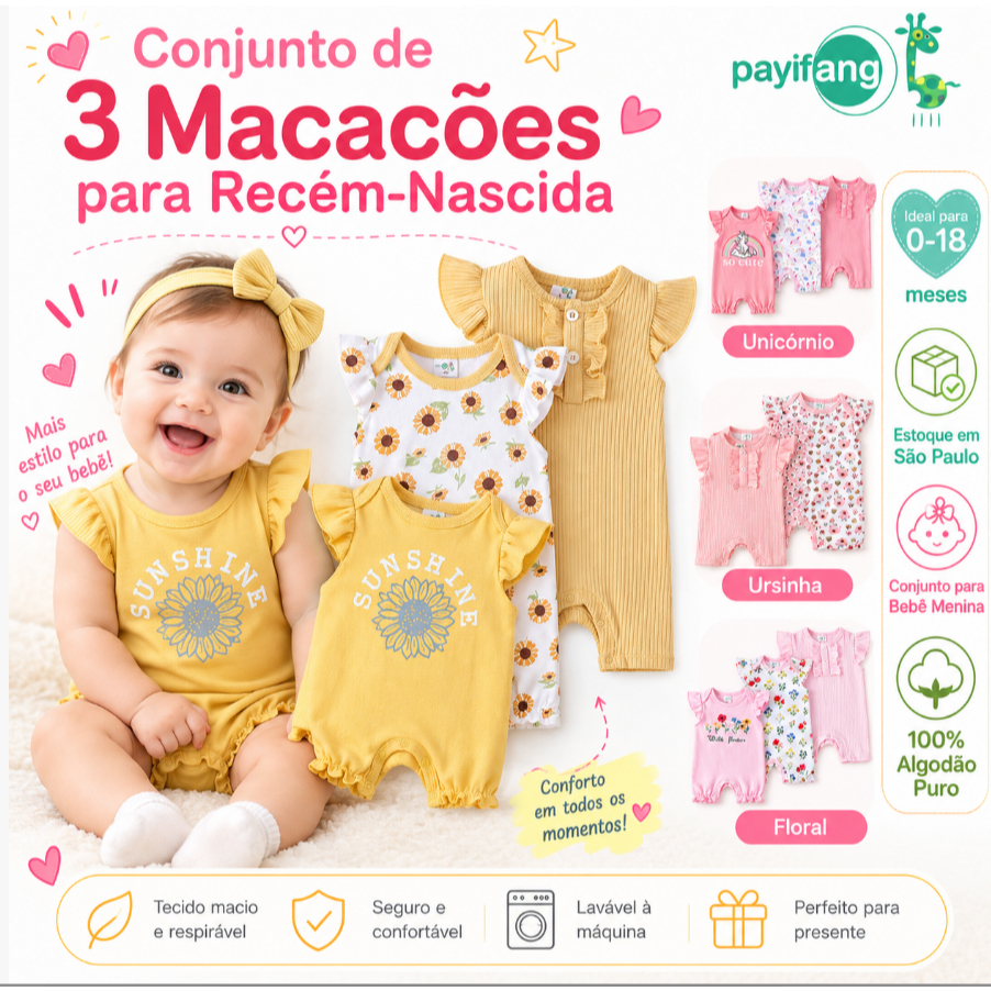 Kit 3 Macacão Curto Bebê Girassol Sunshine Feminino Payifang 100% Algodão 0 a 18 Meses Babado Regata Conjunto Roupa Verã