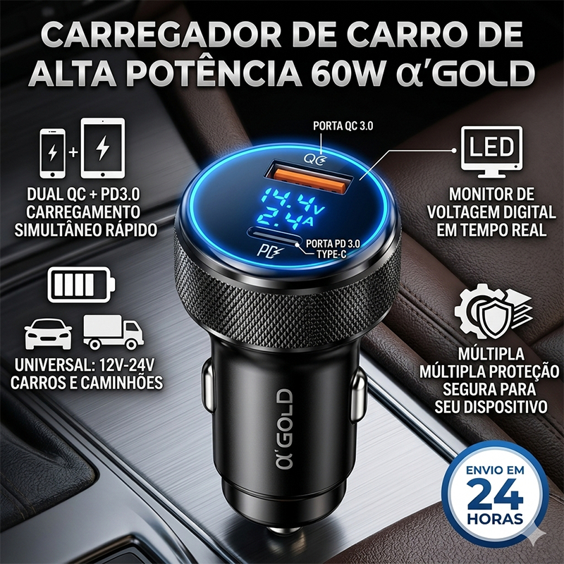 Carregador Veicular Turbo 60W USB-C PD + USB QC3.0 Carga Rápida Display LED Digital 12V/24V