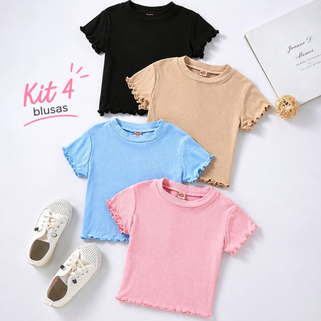 Kit 4 Blusa Básica Juvenil Menina Ribana Canelado Infantil Menina Feminina Manga Curta Gola Redonda Casual 10 12 14 16