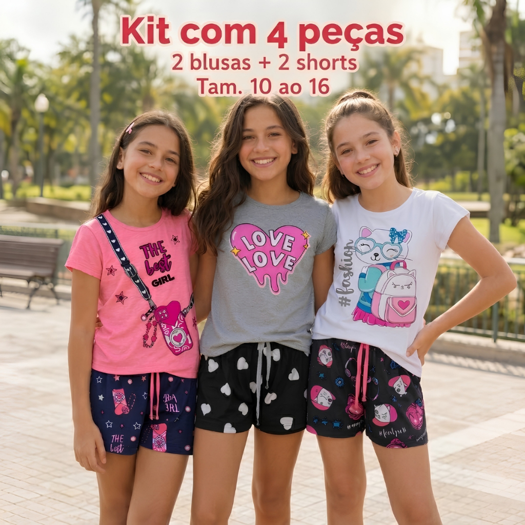 Kit Conjunto Infantil 4 Peças Shorts e Blusa Verão Menina Feminino Juvenil Atacado Barato Roupa