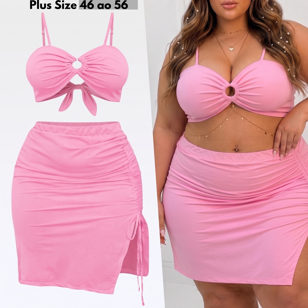 Conjunto Plus Size Feminino Cropped Bojo Sereia Concha Top Plus Size Saia Midi Fenda Lateral Elegante Festa Blogueira