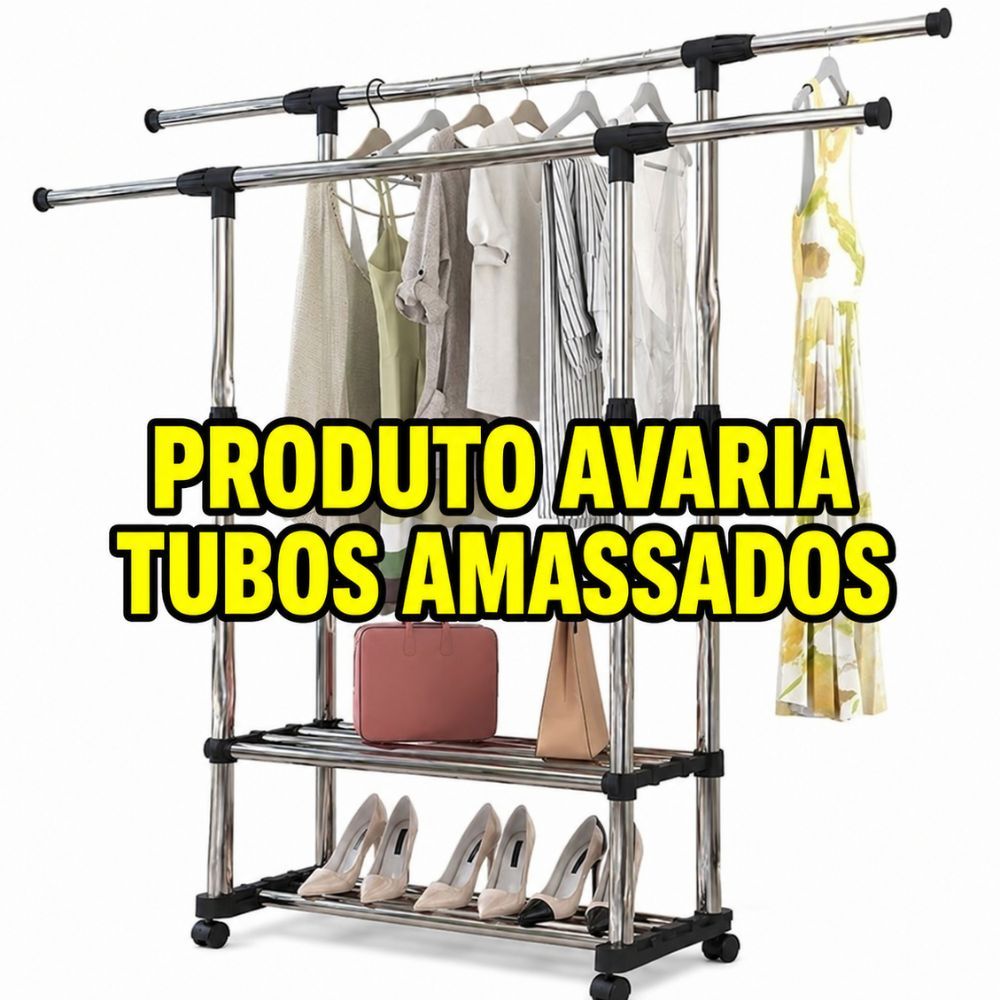 ARARA INOX DUPLA CABIDEIRO SAPATEIRA EXTENSIVEL 2 PRATELEIRAS ORGANIZADOR ROUPAS PORTATIL RODINHAS CLOSET QUARTO AVARIA