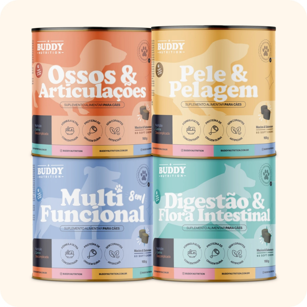 Buddy Nutrition Suplementos Reunidos Suporte 360° Para a Saúde do seu Cão em tabletes sabor carne