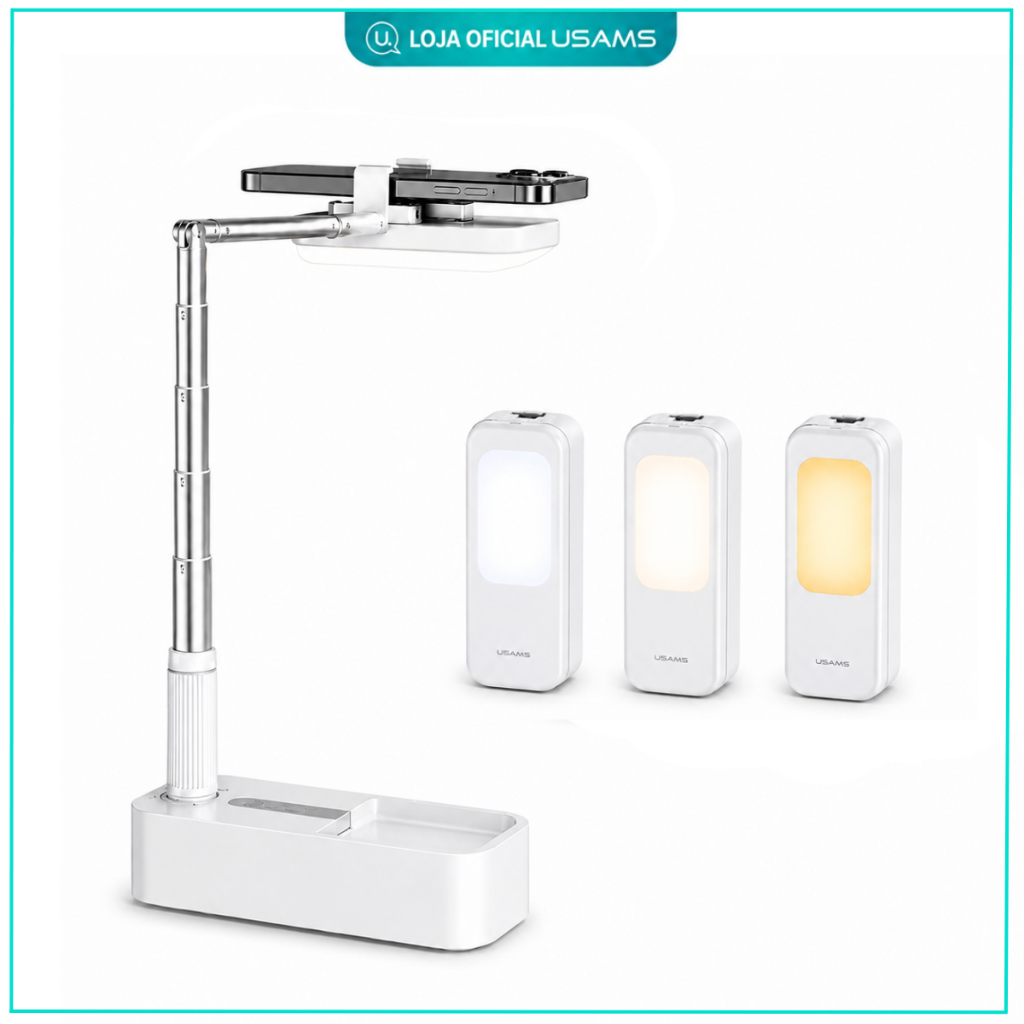 Suporte para Celular com Luminária LED de Mesa Articulável Luz Ajustável USB e Controle para Criação de Conteúdo