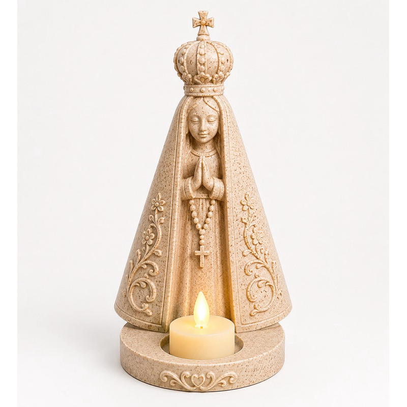 Nossa Senhora Aparecida com Porta Vela LED | Imagem Decorativa 3D Marmorizada | Presente Religioso