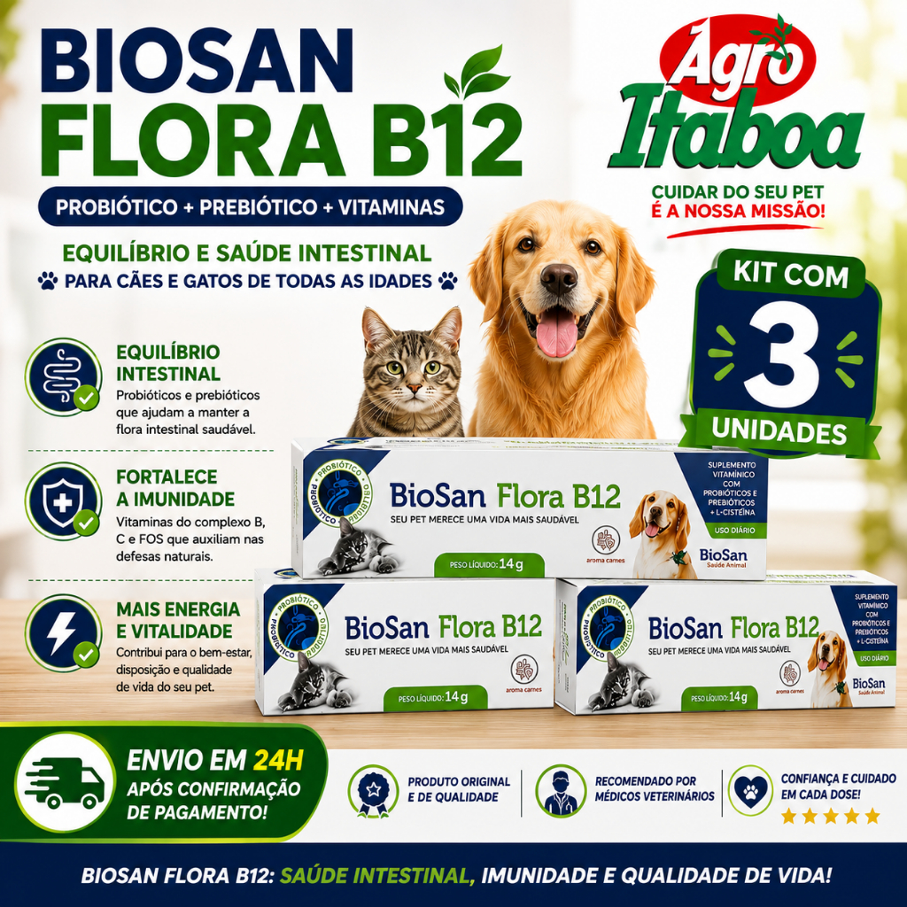 Biosan Flora B12 Pet Probiótico Prebiótico Vitamina B12 para Cachorro e Gato - Kit 3 Unidades de 14g