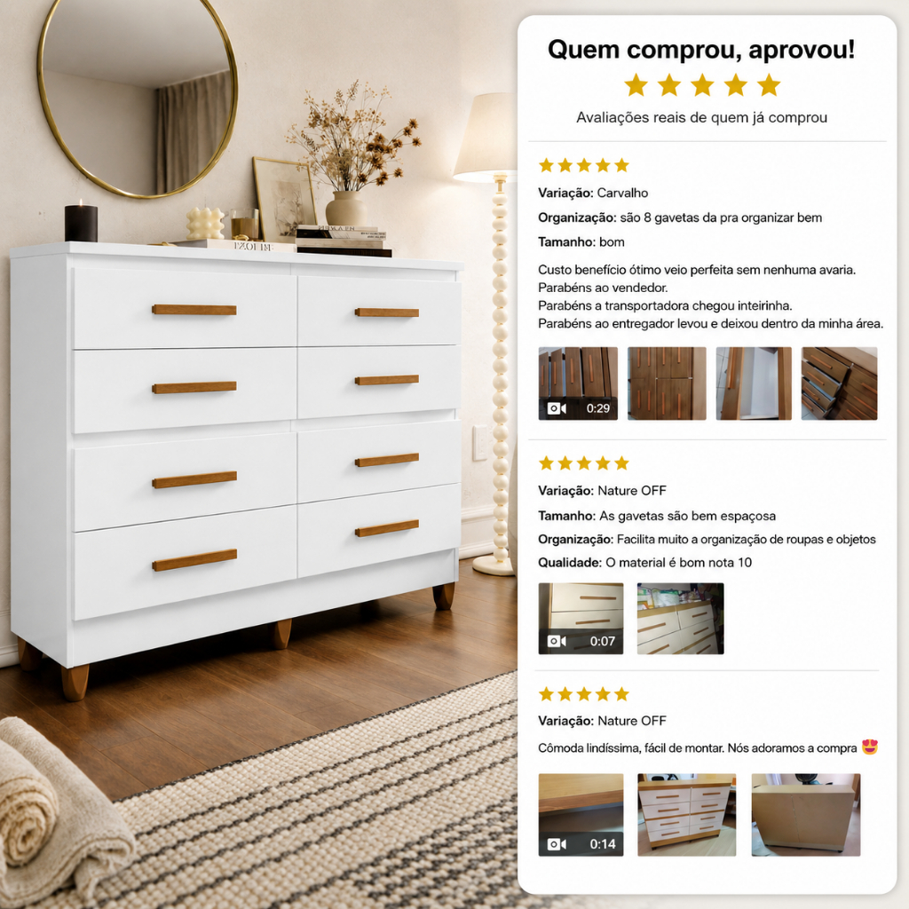 Cômoda 8 Gavetas Para Quarto Casal Grande Com Puxadores Pés Organizadora De Roupas Multiuso Lite · foto 2