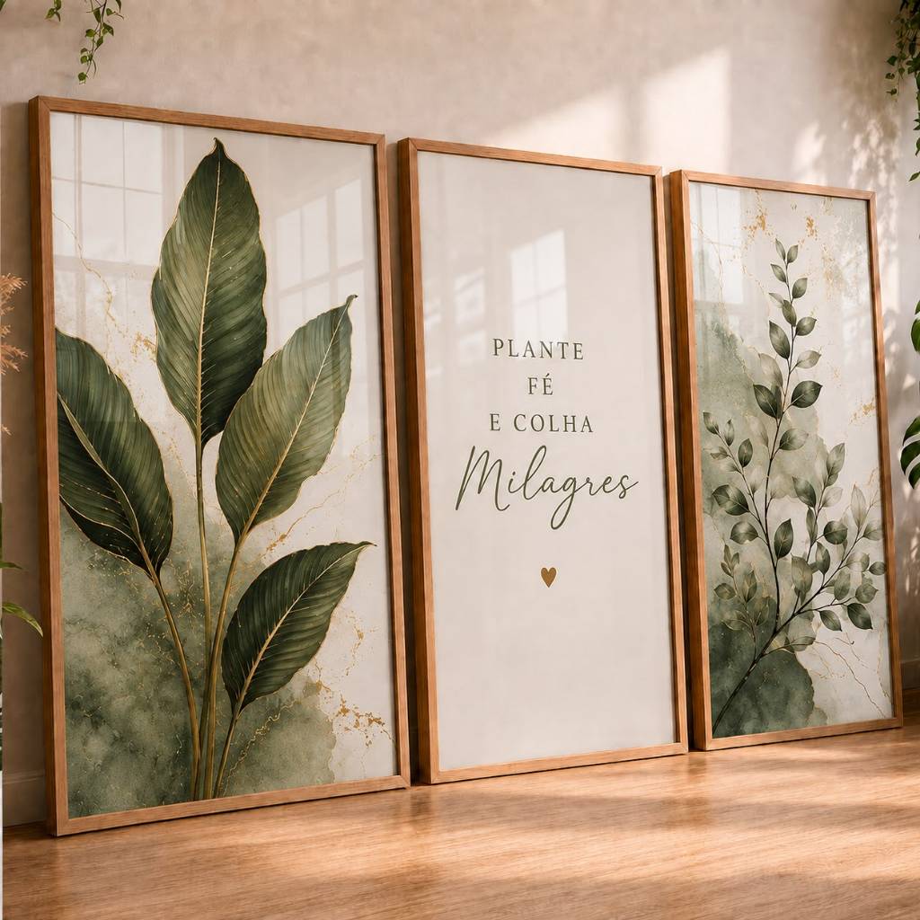 Quadros Decorativos Kit 3 Botânicos Folhagens Verdes Fé Milagres Para Sala Quarto Hall