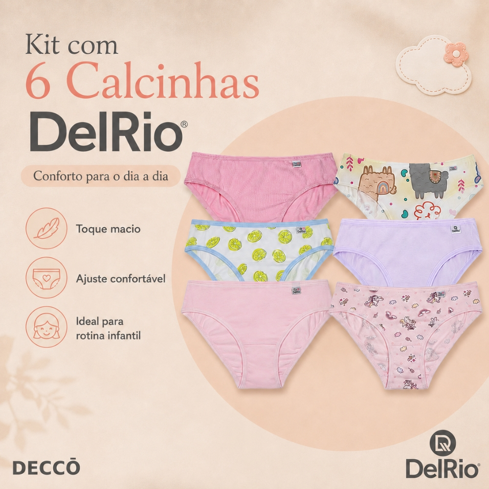 Kit 6 Calcinhas Infantil DelRio Biquini Cotton Algodão