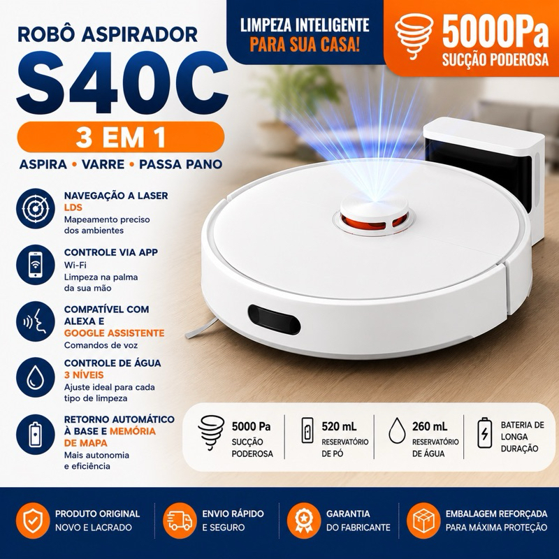 Robô Aspirador Xiaomi S40C Original 3 em 1 Varre Aspira Passa Pano Mapeamento a 