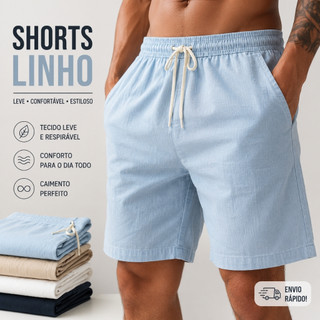 Short De Linho Masculino Básico Estiloso Cordão Bolsos Praia
