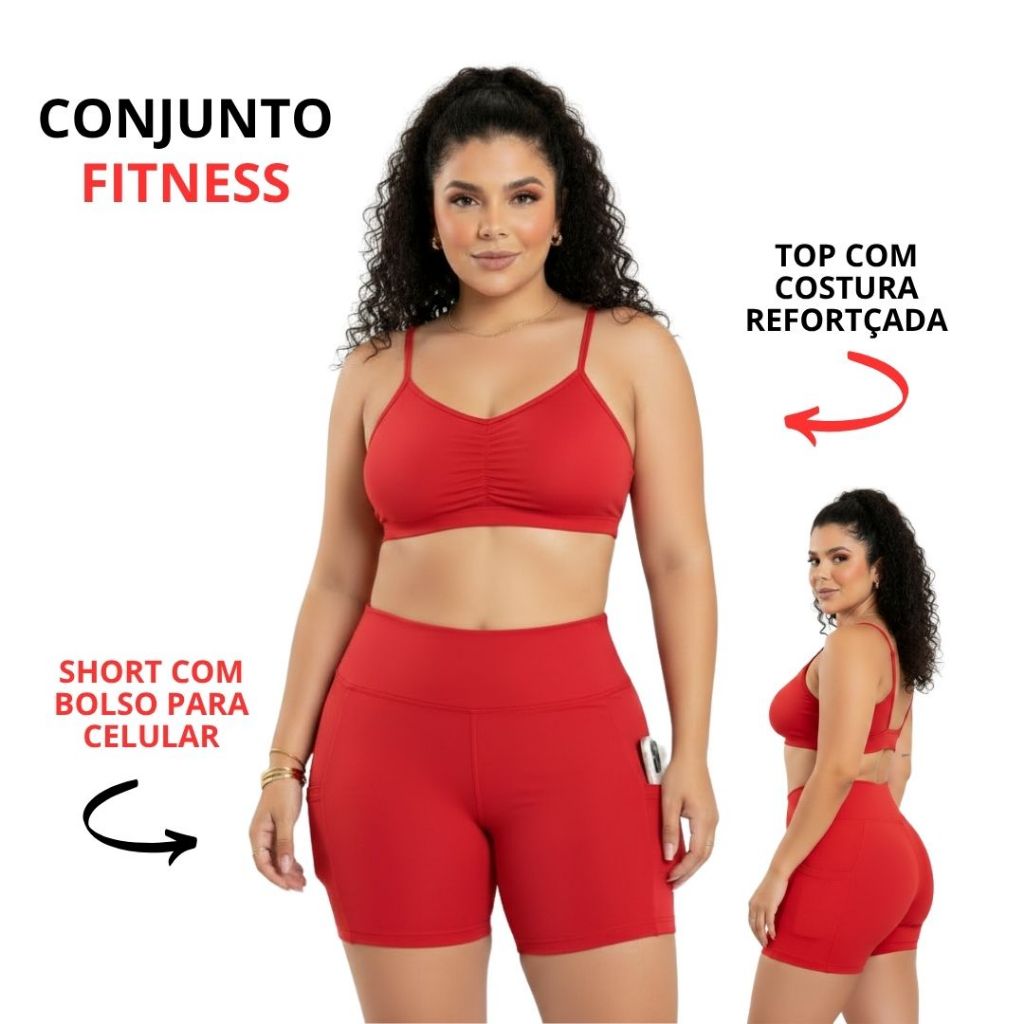 Conjunto Fitness Short Com Bolso Lateral Celular Top Reforçado Academia Treino Moda Fitness Feminina Roupa De Ginástica