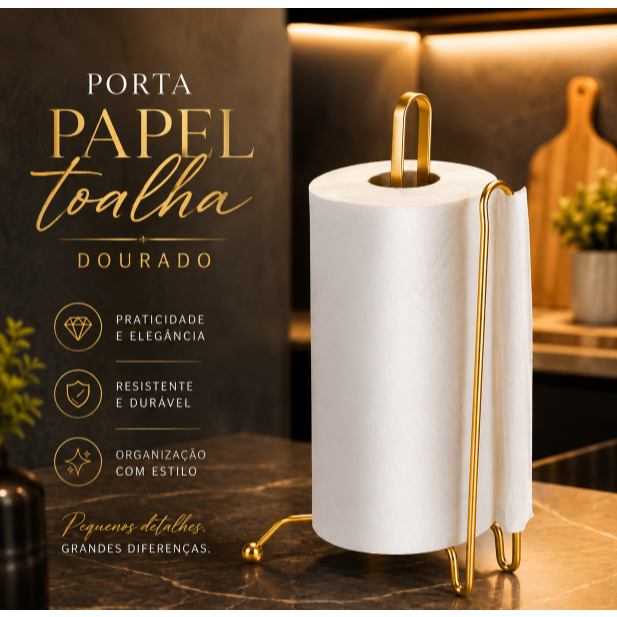 Porta Rolo de Papel Toalha Vertical – Organize Sua Cozinha com Estilo Dourado