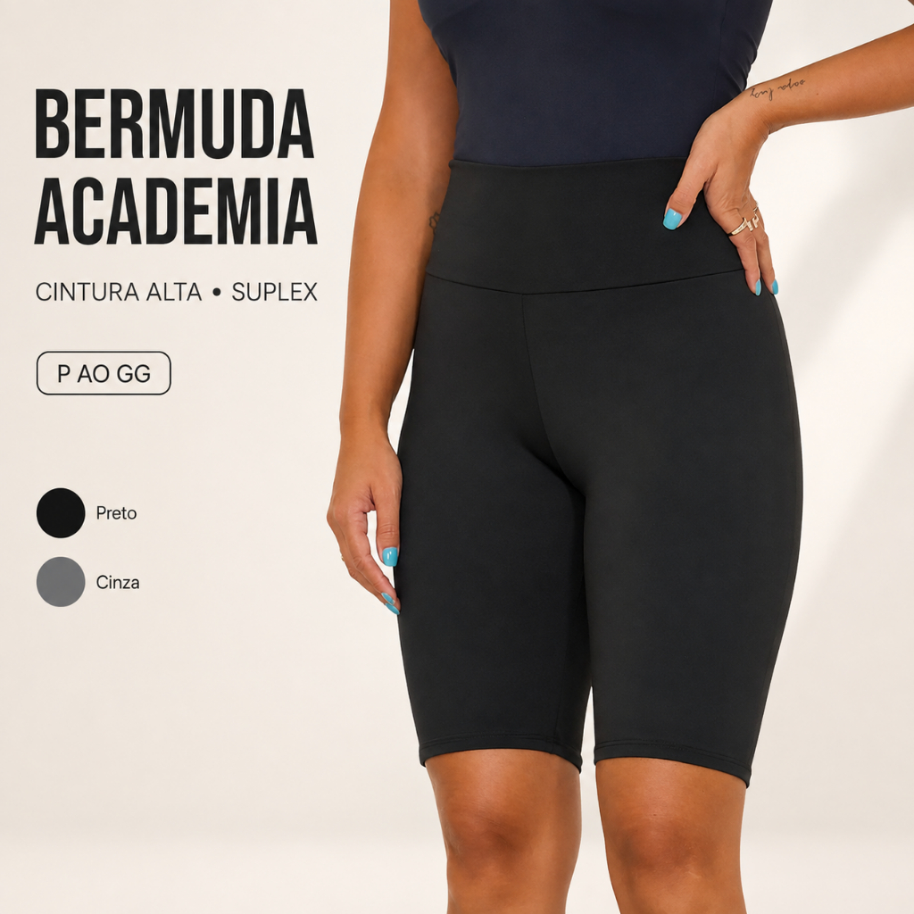Bermuda Feminina Suplex Cós Alto para Academia e Corrida Bermuda Feminina Ciclista Suplex Cintura Alta Academia Short