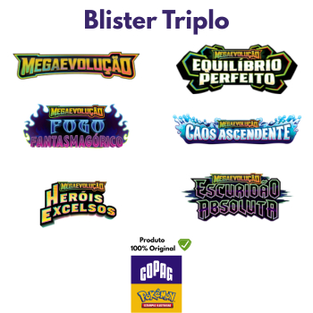 Pokémon TCG Blister Triplo/Triple Pack Copag – Várias Coleções Bloco Megaevolução