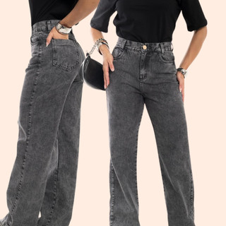 Calça Jeans Wide Leg Feminina Cintura Alta Calça Jeans Grafite Feminina Estilosa Wide Leg Plus Size Jeans Premium