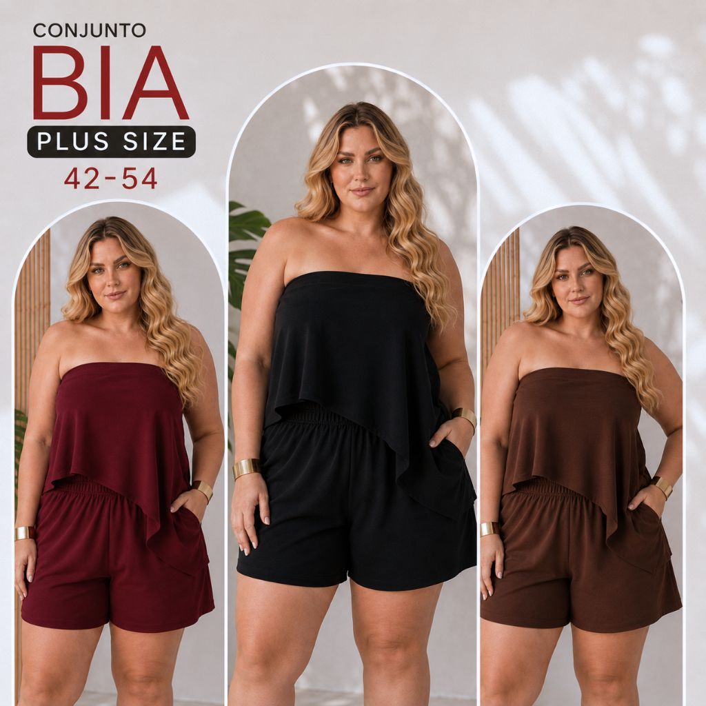 Conjunto Feminino Plus Size Curto Tomara Caia Assimétrica Moda Plus C/ Short e Elástico Confortavél Casual