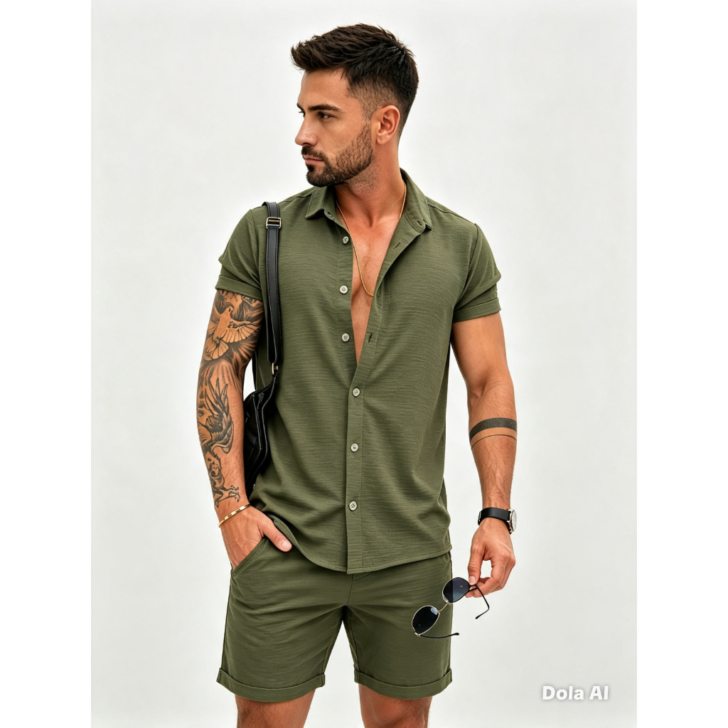 Conjunto Camisa Blusa Social e Bermuda Mauricinho Masculina tecido Duna