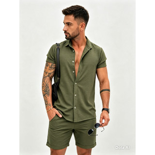 Conjunto Camisa Blusa Social e Bermuda Mauricinho Masculina tecido Duna