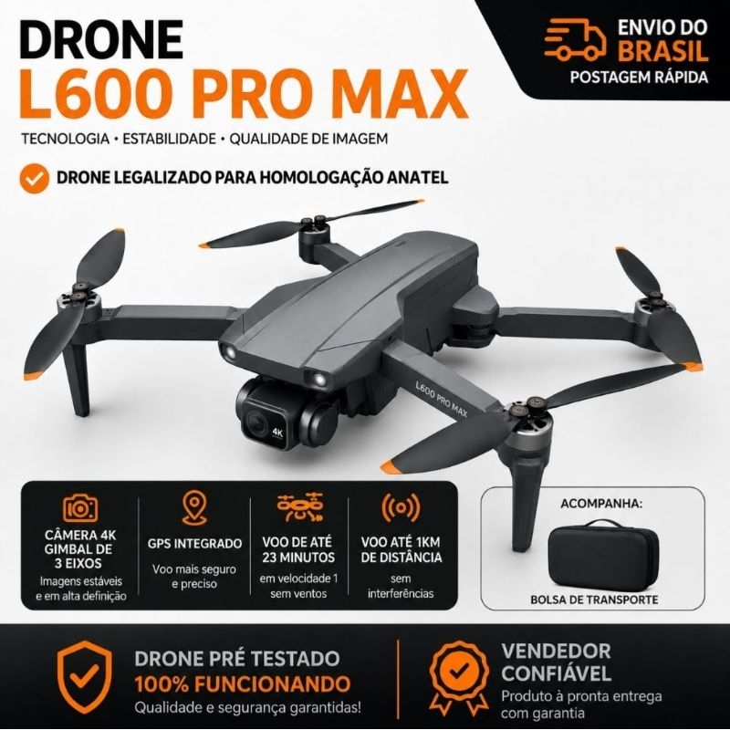 L600 Pro MAX 4K Profissional , GPS e Alcance 1KM, gimbal 3 eixos (Sem sensor de obstáculo)