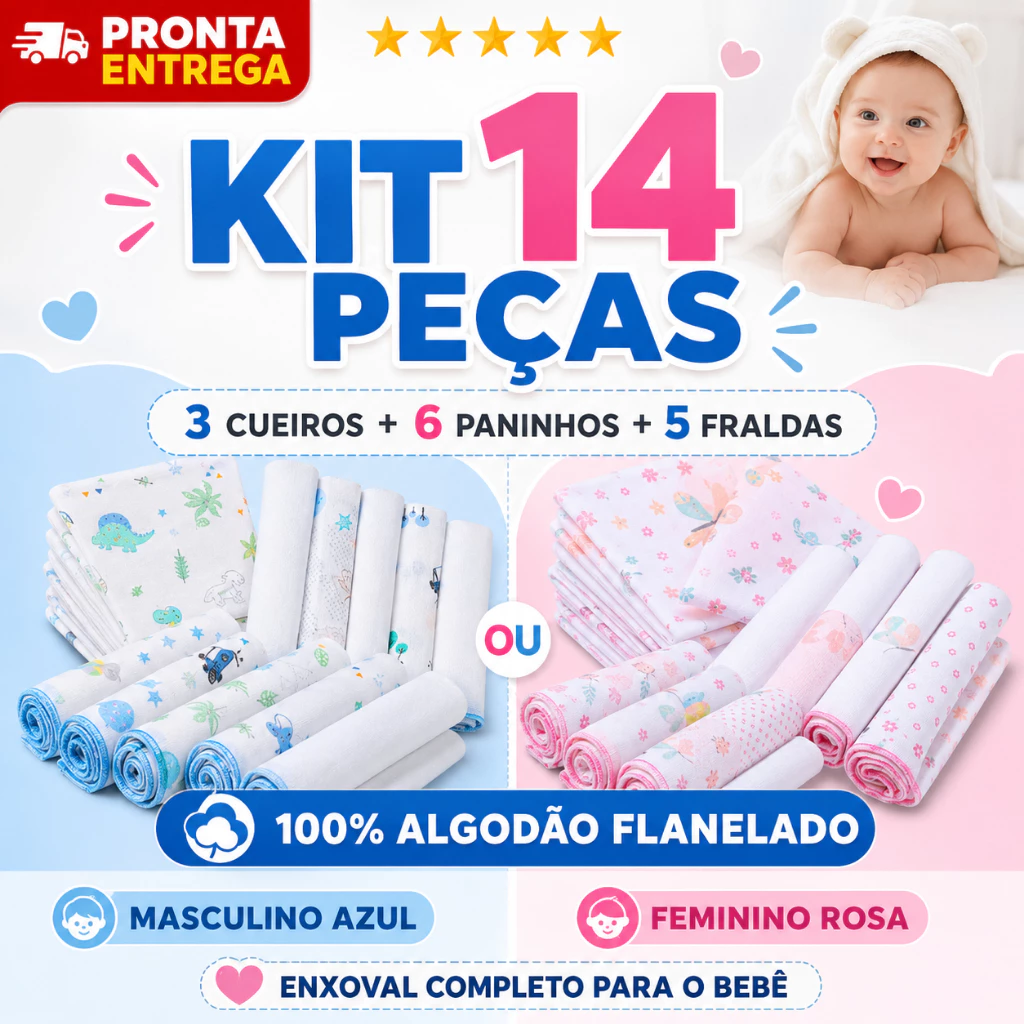 Kit 14 Peças Enxoval Bebe 3 Cueiros 6 Paninhos De Boca E 5 Fraldas 100% Algodão Flanelado Estampado