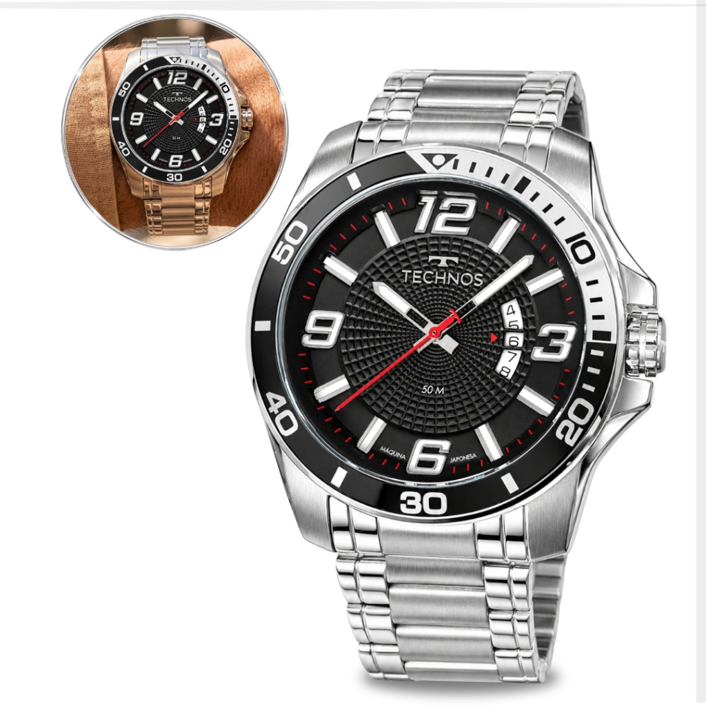 Relógio Technos Masculino Prata Fundo Preto Prova Dágua Analógico Aco Inox Calendário Moderno Elegante Social Original
