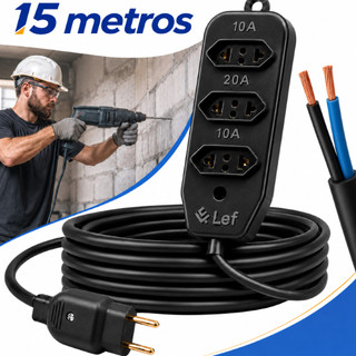 Extensão 15 metros Cabo Pp Reforçada Obra Profissional 10/20a Cor Preto 127 220v Lef