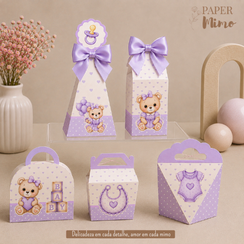 Kit Caixinhas Ursinho Lilás Personalizadas | Lembrancinhas Chá de Fralda Festa Infantil com Nome e IdadeKit Caixinhas Ur