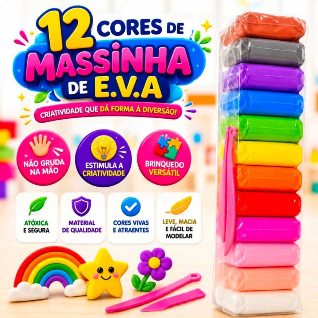 Kit com 6/12/24/36/48 Massinhas Argila EVA Pula Pula intantil Atóxicas com 3 acessórios Brinde não gruda