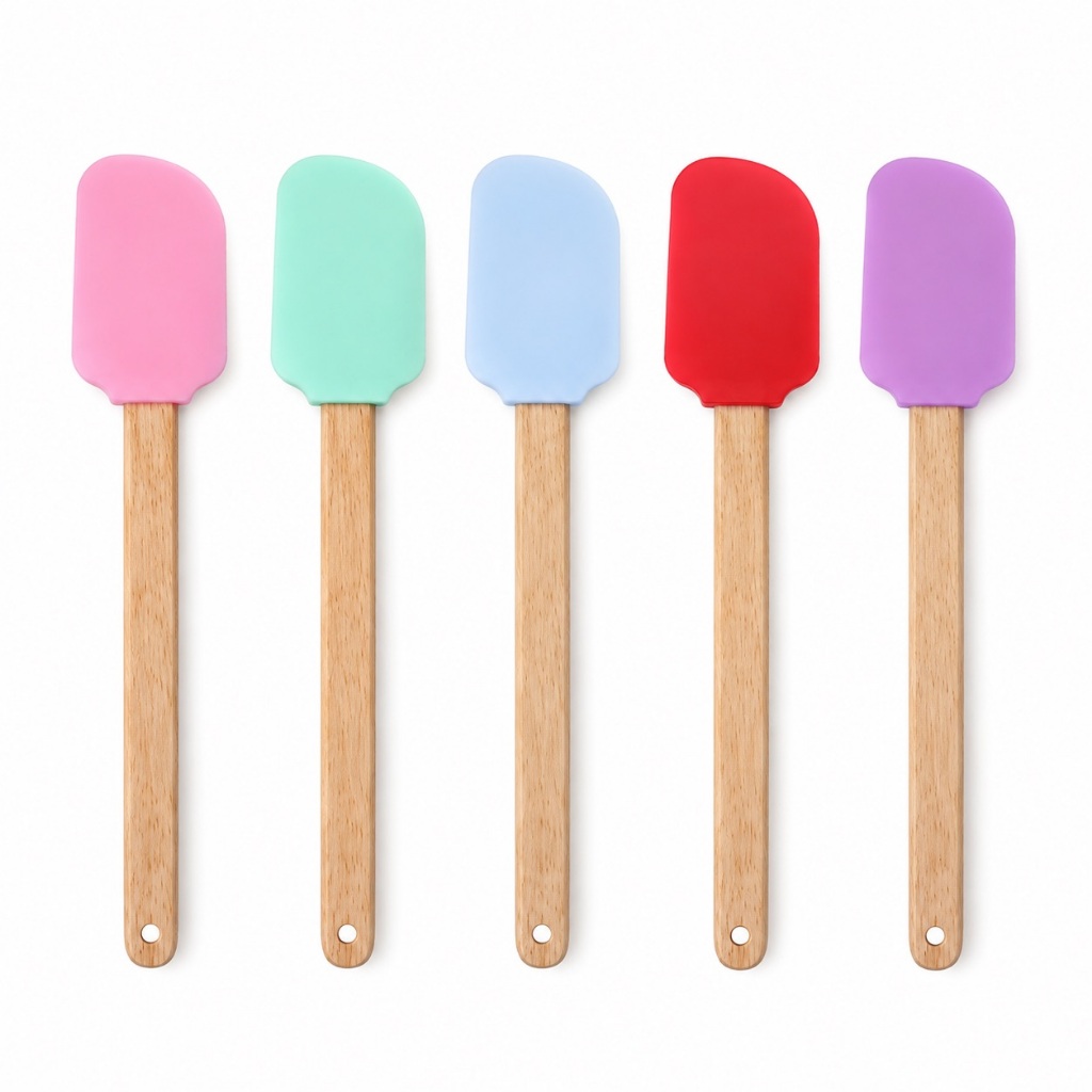 Kit 2/4 Espátulas Raspadora de Silicone com Cabo de Madeira – Utensílio para Cozinha, Confeitaria, Bolos e Massas