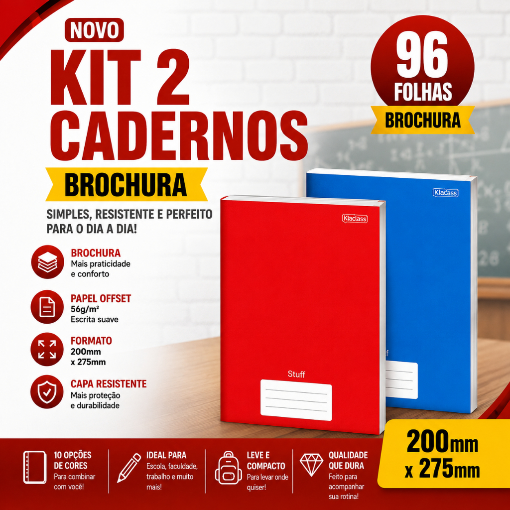 Kit 2 Cadernos Capa Dura GRANDE Brochurao 96 Folhas Infantil Universitário Material Escolar
