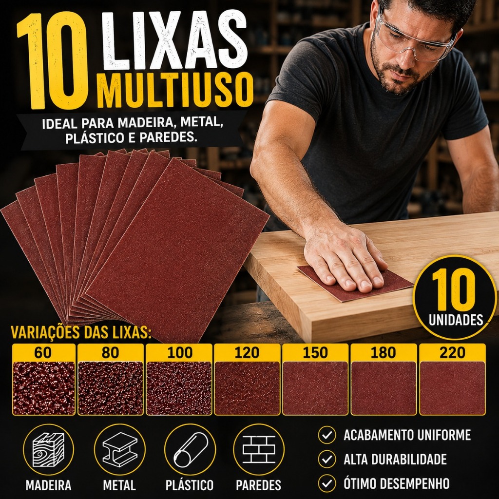 KIT 10 LIXAS MULTIUSO PAREDE, MADEIRA, PLASTICO