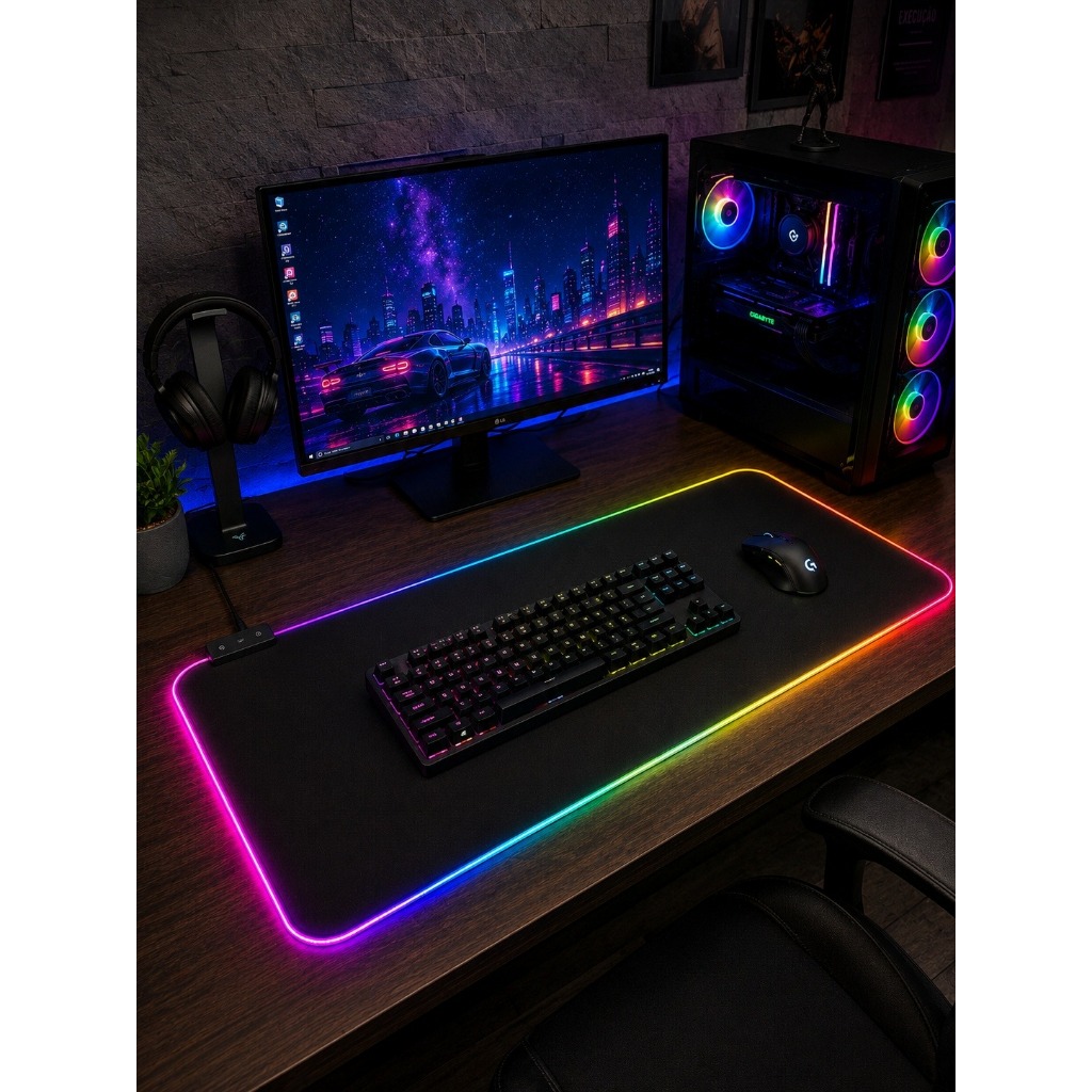 Mouse Pad Gamer  Borda Led 7 Cores RGB  Iluminado Base Antiderrapante  Borda Costurada  Várias Estampas 30x70 30x90
