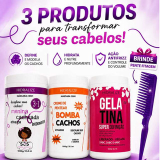 Combo Cachos 3 em 1 com Gelatina, Máscara + Pente Fitagem Grátis
