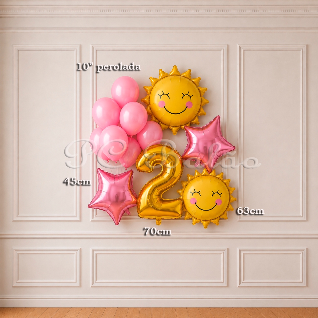kit 12 Balão Metalizado 2 RAIO DE SOL 7 BEXIGA N° 70cm DOURADO 2 Estrela ROSA CLARO ANIVERSÁRIO