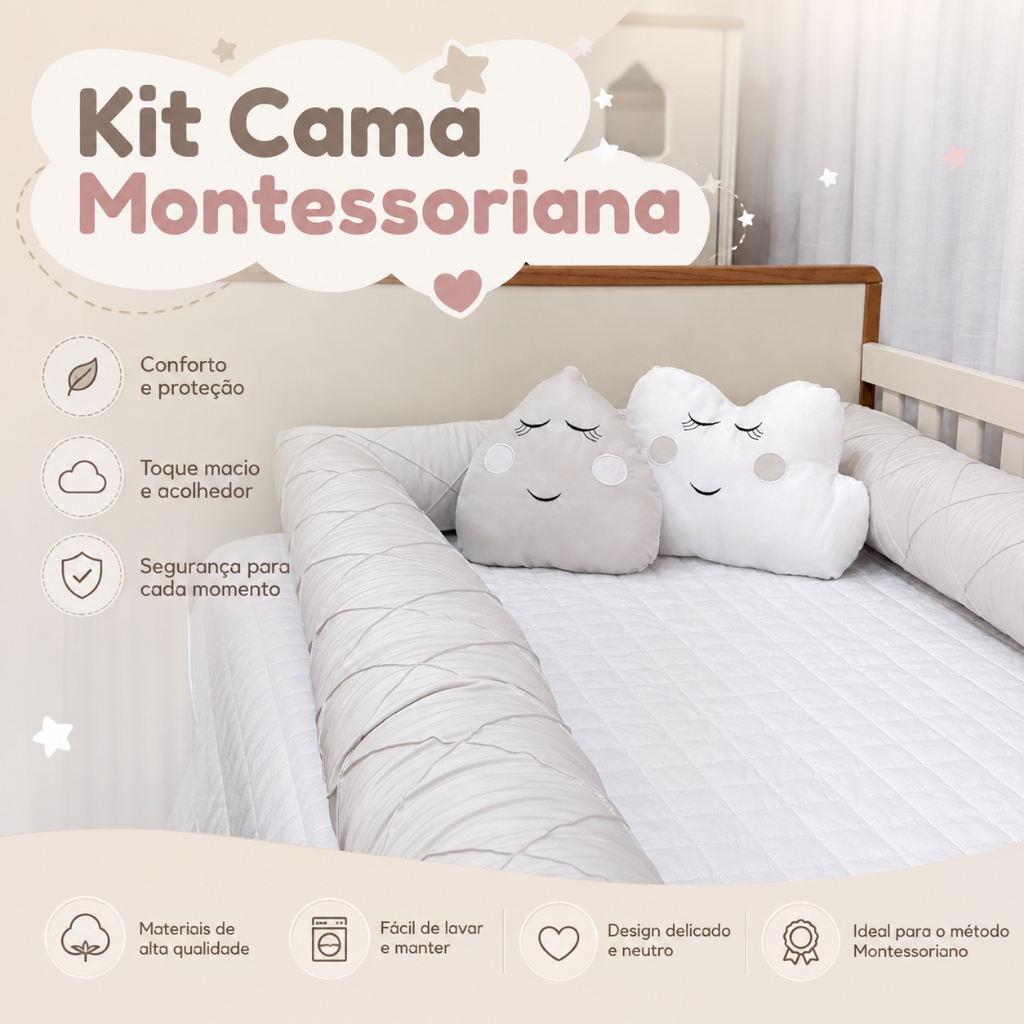 Enxoval Cama Solteiro Montessoriana 6 Peças Meninos e Meninas Nuvem Gota Rolo Protetor de Cama!