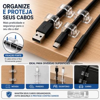 Kit Organizador de Cabos Autoadesivo Transparente para Mesa Parede Móveis 20/40/60/80 Unidades Duhome