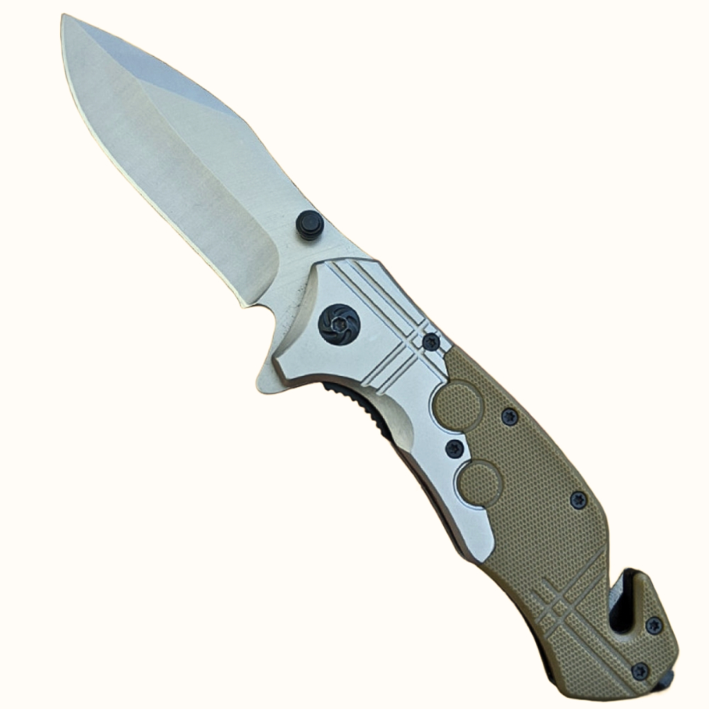 Canivete Tático Dobrável L00717V Aço Inox 20cm Cabo Verde Militar Lamina Lisa Pesca Trilha