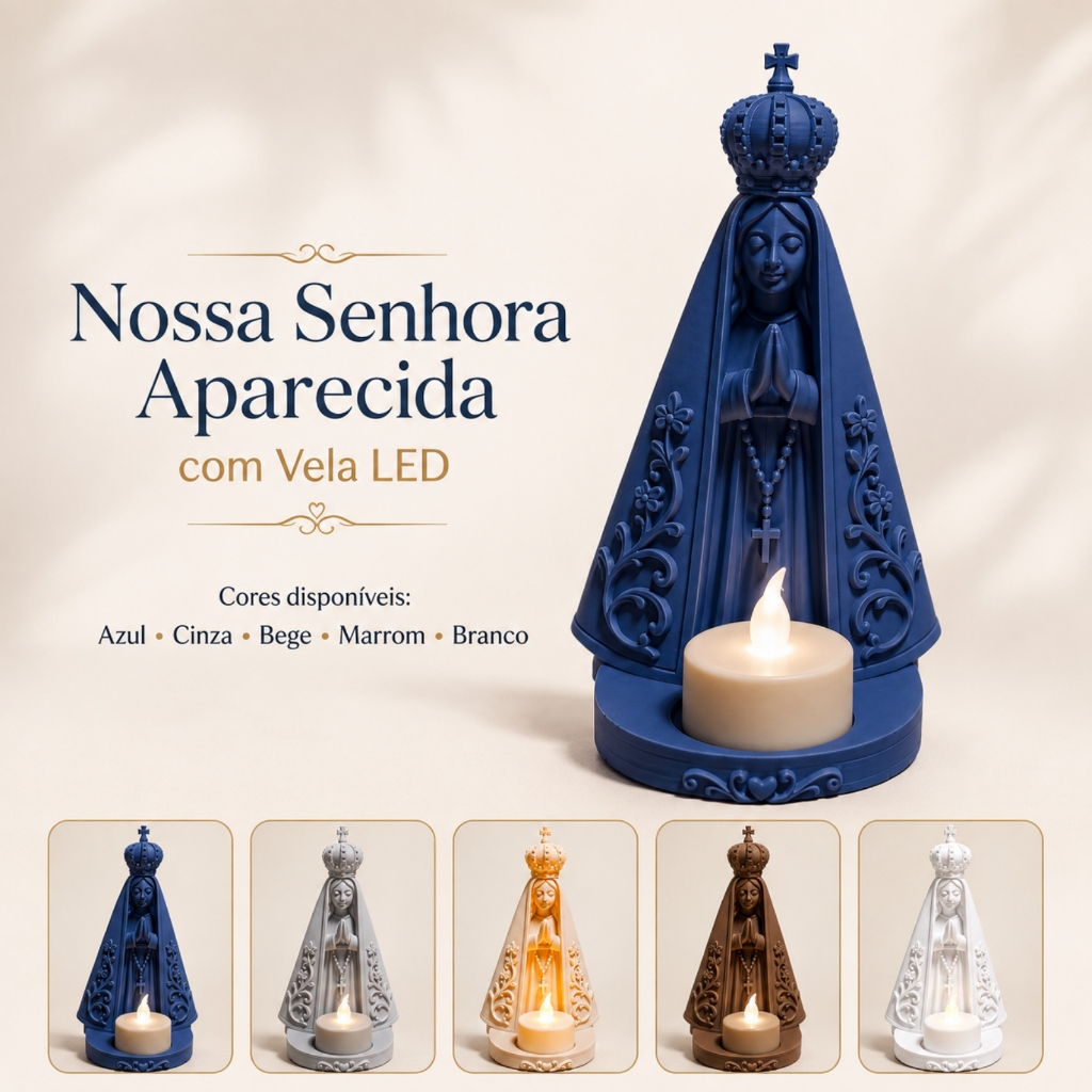 Nossa Senhora Aparecida com Vela LED Imagem Religiosa Decorativa 16cm Impressão 3D