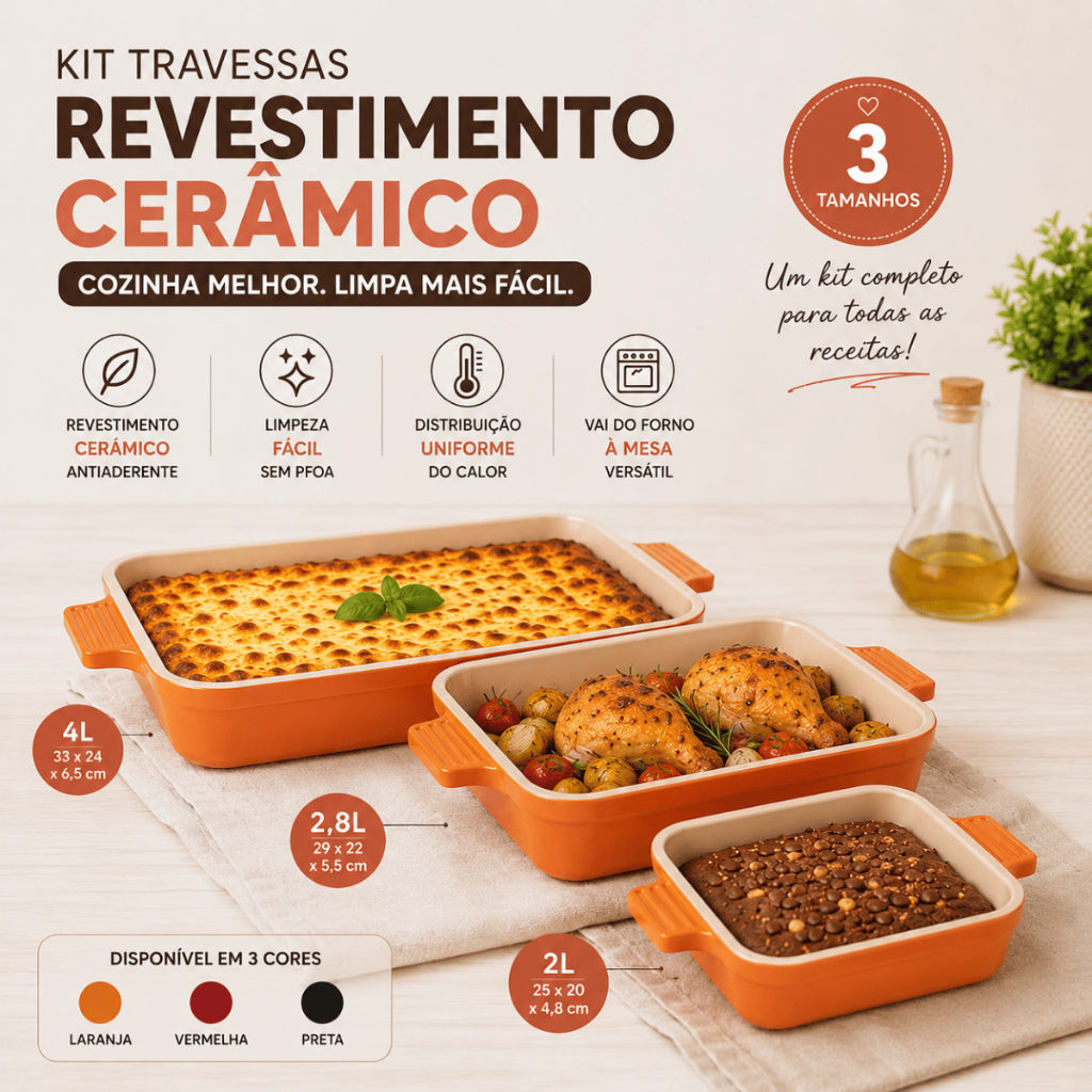 Kit 3 Formas Retangulares 2L 2,8L 4L Revestimento Cerâmico p/ Forno Travessa Lasanha Assados Oferta!