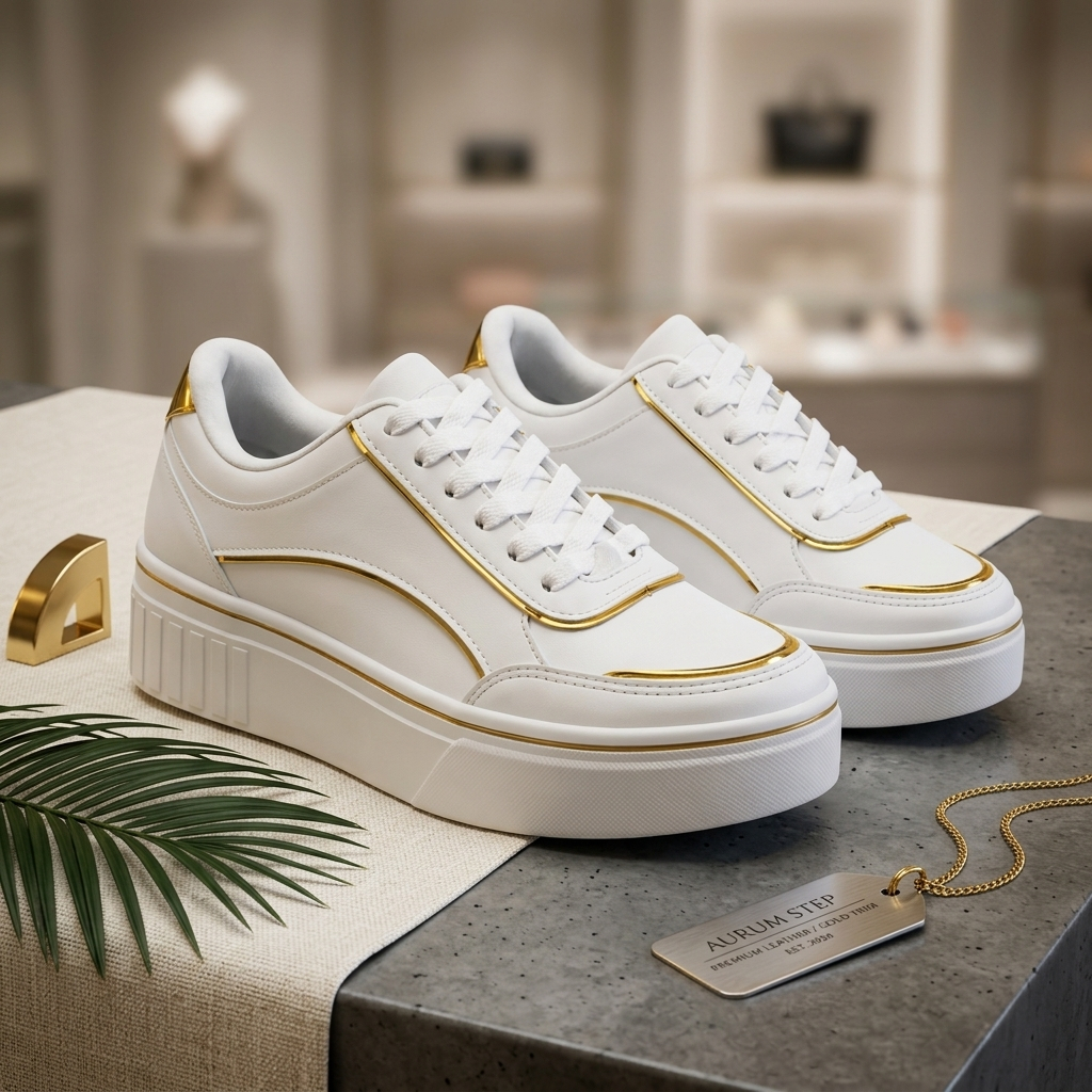 Tênis Feminino Branco Detalhes Dourado Sola Alta Flatform Plataforma Confortável Casual Blogueira Tendência Moda,Movixxs