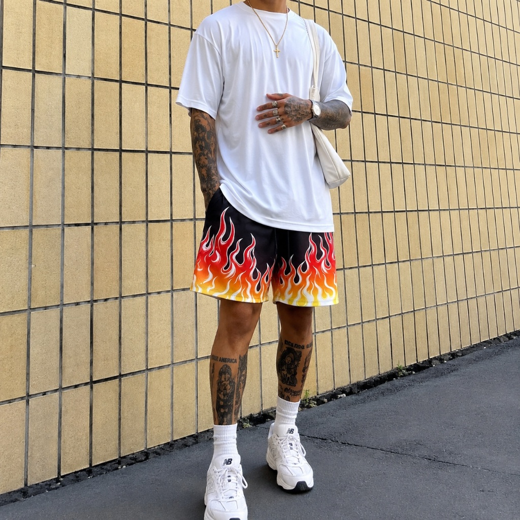 Shorts Tactel Masculino Estampado Fogo Bermuda Elastano Streetwear Masculina Treino