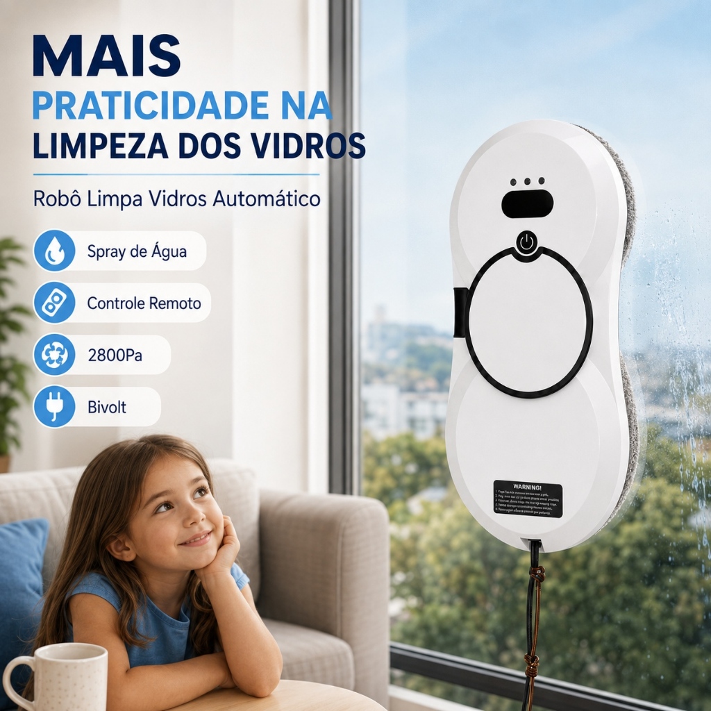 Robô Limpa Vidros Automático 2800Pa Bivolt com Spray de Água e Controle Remoto para Janelas Altas