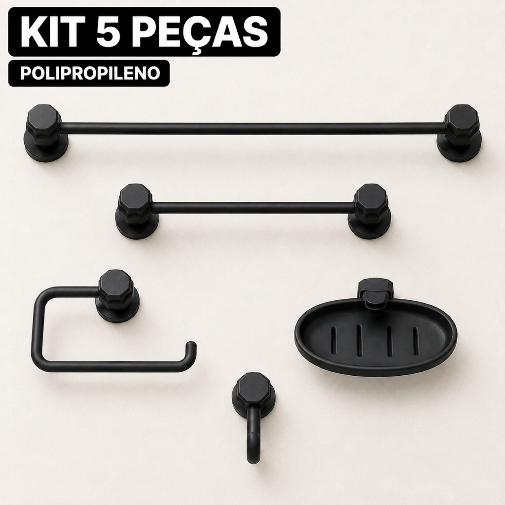 Kit Acessórios para Banheiro 5 Peças Completo Toalheiros Porta Papel Saboneteira Cabide Preto Fosco
