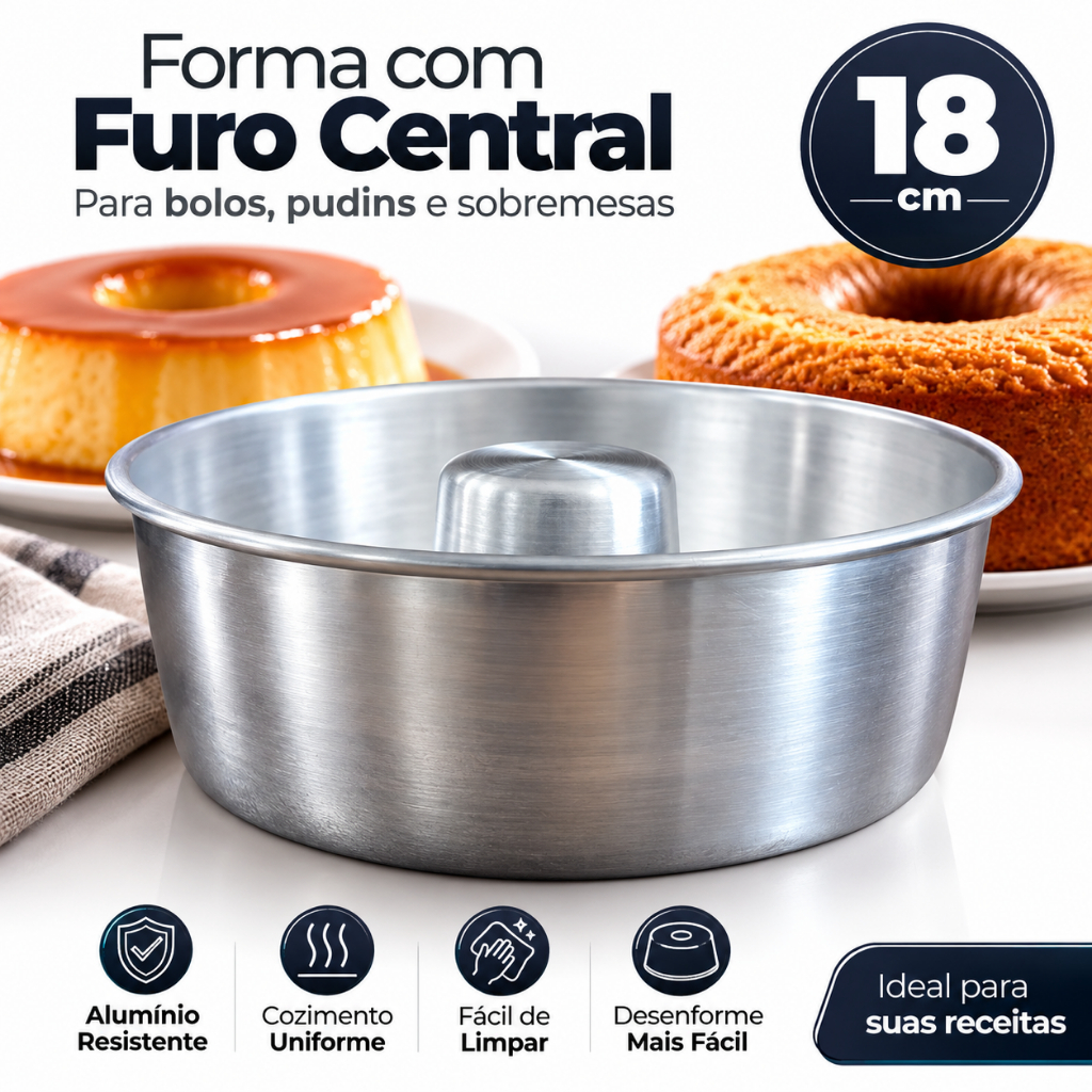 Forma de Pudim e Bolo 18cm com Furo Central em Alumínio Antiaderente para Assar Bolo alta qualidade