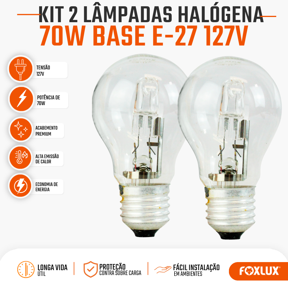 Lâmpada Halógena Foxlux 70W 127V 3000K Branca Quente E27 Kit com 2